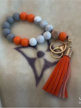 Orange, Gray & Marble Beaded Wristlet Keychain with Tassel